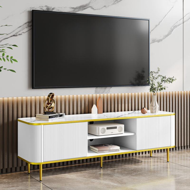 Meuble tv Moderne,Armoire avec pieds dorés,Meuble de salon avec plateau en marbre,140 x 40 x 49 cm,Blanc