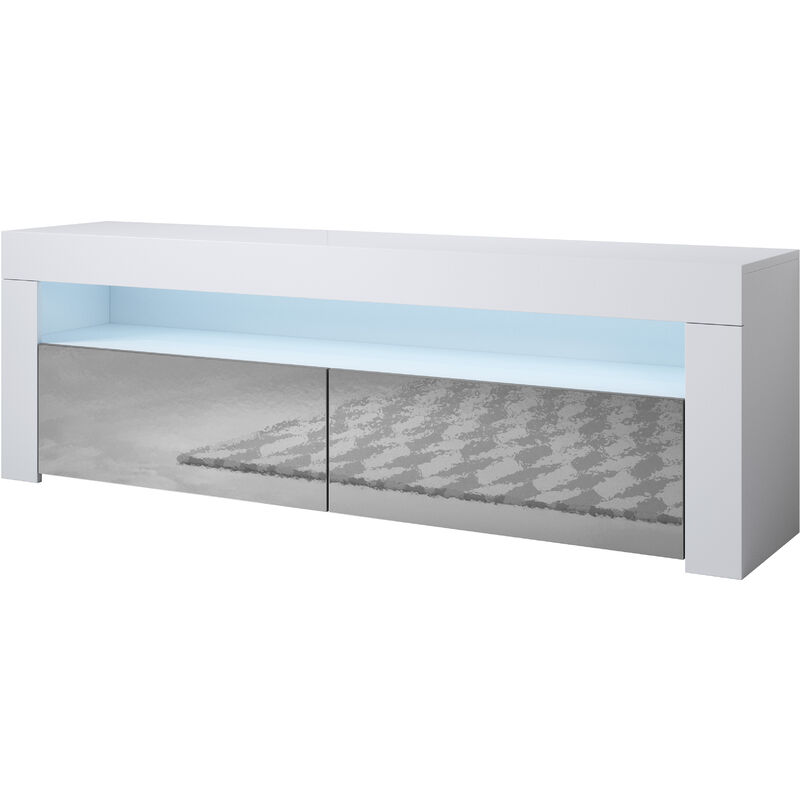 Design Ameublement - Meuble TV 2 portes LED | 140 x 50,5 x 35cm | Blanc et Gris Finition brillante | Modèle AKER