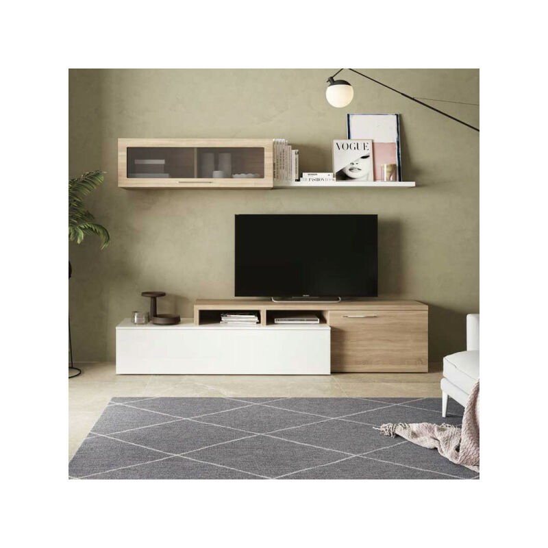 Dansmamaison - Meuble TV modulable en angle Blanc/Chêne - XUNS - Banc TV : L 200 x l 41 x H 44 cm; Module supérieur : L 105 x l 32 x H 32 cm ;