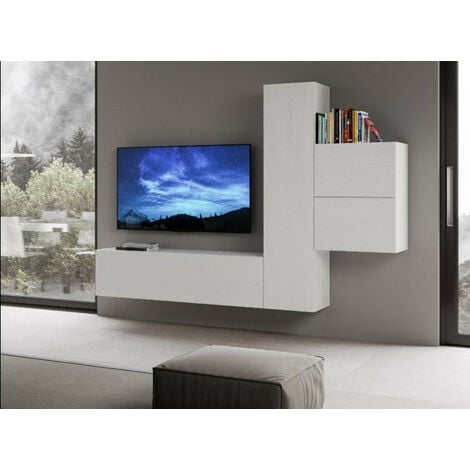 Meuble tv modulable en angle blanc-chêne - xuns - banc tv : l 200 x l 41 x  h 44 cm; module supérieur : l 105 x l 32 x h 32 cm ; etagère : l 95 x l 21  x h 3 cm - Conforama