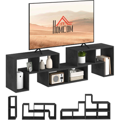 Meuble TV modulaire 75" Max avec 2 étagères en L et une étagère rectangulaire, en bois, 134-180 x 30,5 x 44 cm, noir