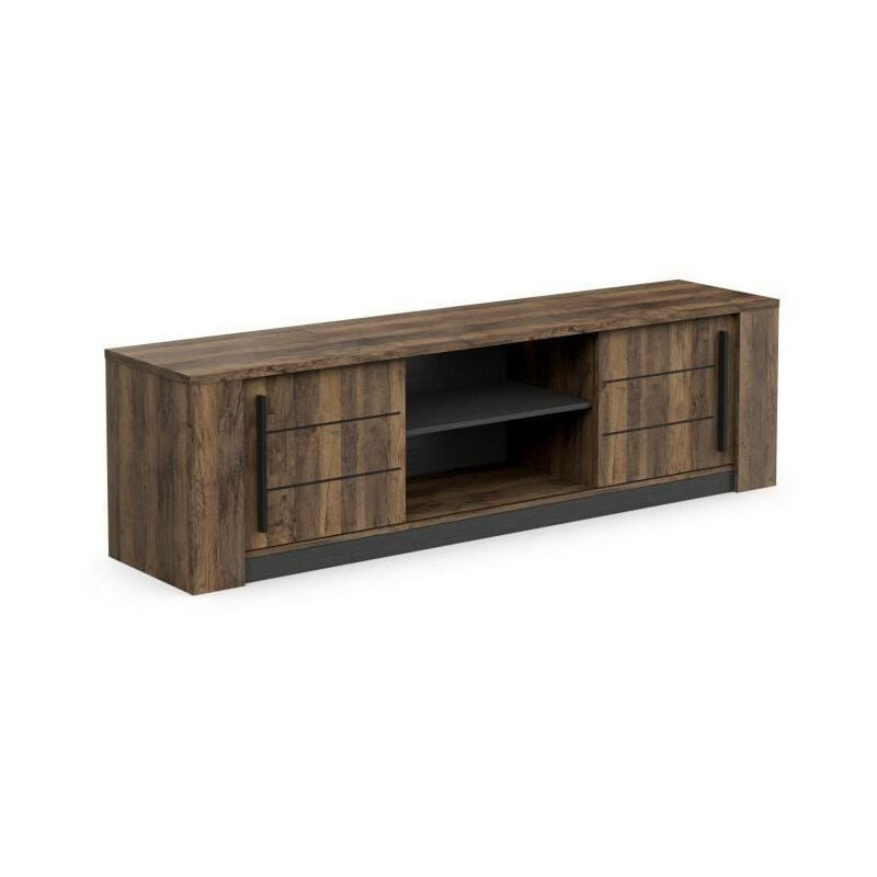 Meuble tv monaco - 2 portes coulissantes + 3 étageres - Décor bois oak et noir - L184.5 x P42.3 x H51.8 cm Demeyere