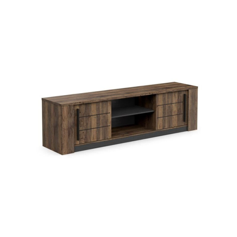 Meuble tv monaco - 2 portes coulissantes + 3 étageres - Décor bois oak et noir - L184.5 x P42.3 x H51.8 cm Demeyere