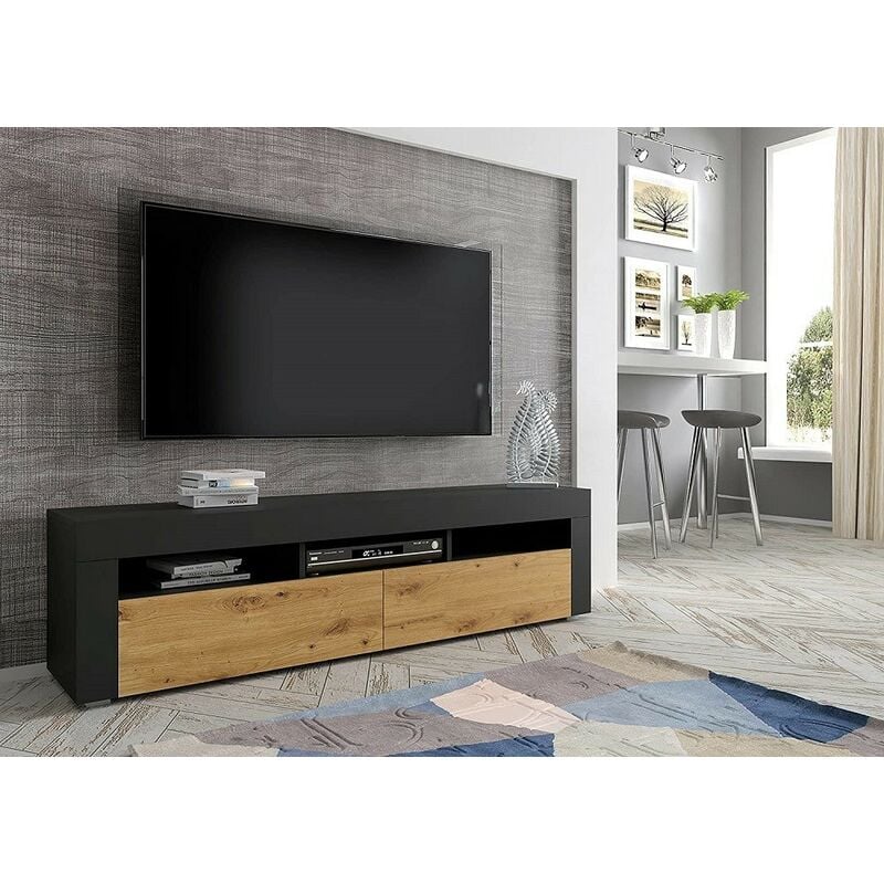 Salone Srl - Meuble tv mural et sur pied moreno 160 noir mat avec porte en chêne