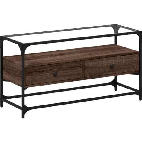 Meuble TV multimédia étagère télévision buffet téléviseur salle à manger salon chambre avec dessus en verre chêne bois d'ingénierie brun