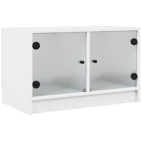 Meuble TV multimédia étagère télévision buffet téléviseur salle à manger salon chambre avec portes en verre 68 x 37 x 42 cm blanc
