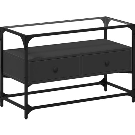 Meuble TV multimédia étagère télévision buffet téléviseur salle à manger salon chambre et dessus en verre 80 x 35 x 51 cm bois d'ingénierie noir