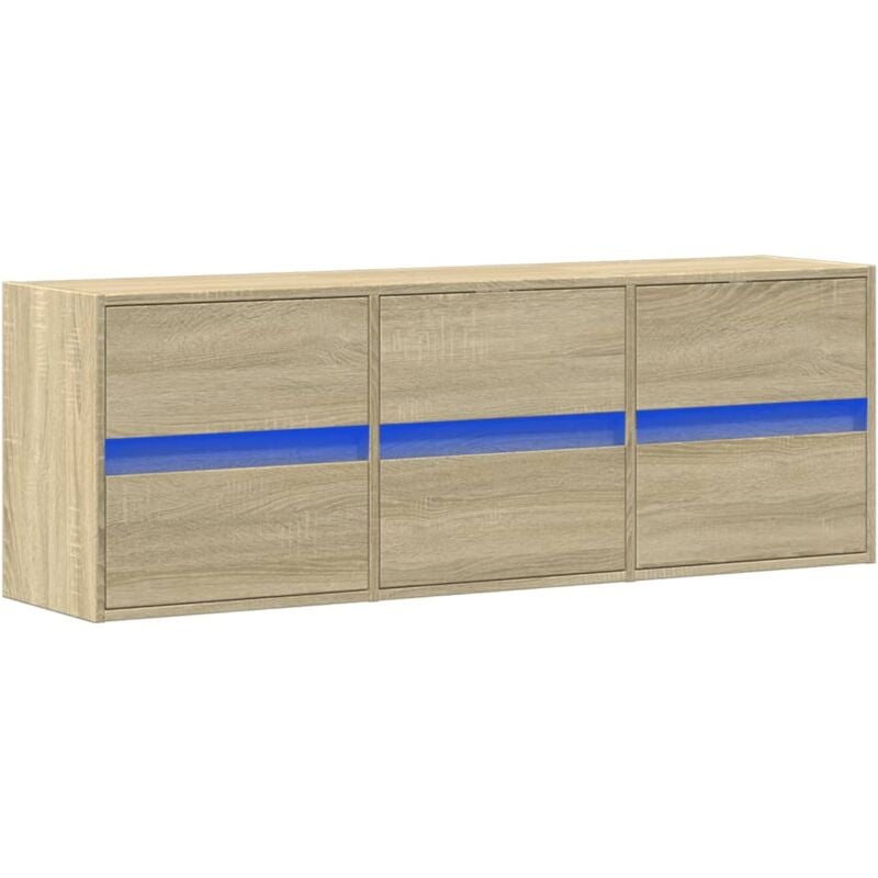 Meuble tv multimédia étagère télévision buffet téléviseur salle à manger salon chambre mural avec lumières led chêne sonoma 130 x 31 x 45 cm brun