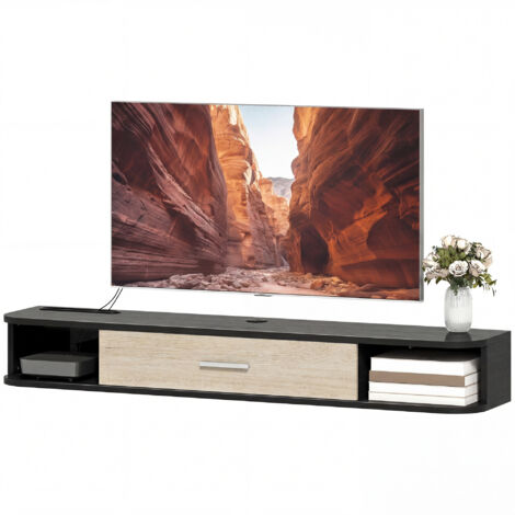 Meuble TV mural 120 cm, support écran jusqu'à 127 cm, porte rabattable, 2 étagères ouvertes et gestion des câbles, noir
