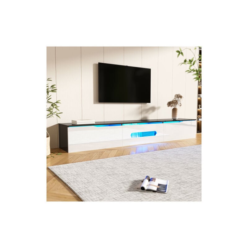 Meuble tv mural 180 cm, Meuble tv noir brillant avec éclairage led 16 couleurs, portes à abattant blanches