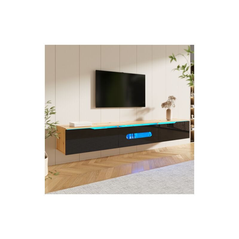 Meuble TV mural 180 cm, Meuble TV bois et noir brillant avec éclairage LED 16 couleurs
