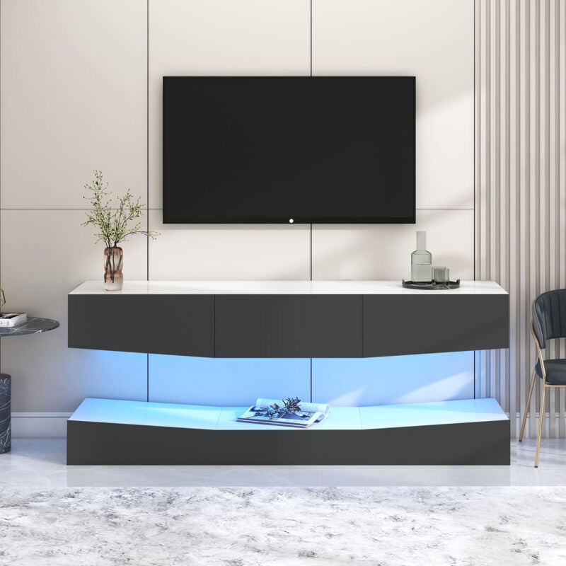Hauss Spole - Meuble tv mural 180x40cm, brillant, éclairage led, avec tiroirs, salon, moderne, noir