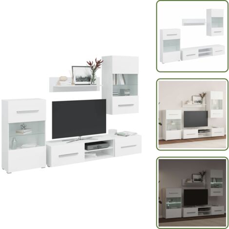 Meuble TV mural avec éclairage LED 5 pièces Blanc - Meubles Tv - Meuble Tv Mural - Rangement Tv - Bibliothèque Murale - Vitrine Murale