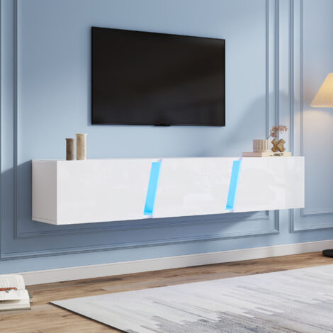 Meuble TV mural, avec éclairage LED et 3 portes de rangement, finition brillante, compatible avec un téléviseur de 75 pouces, 180 x 35 x 30 cm, Blanc