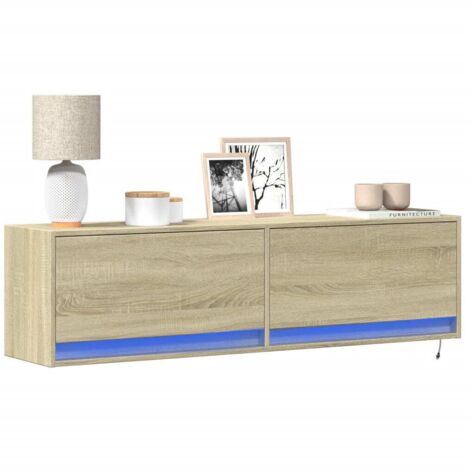 Meuble TV mural avec LED-Banc TV-Meuble Télé chêne sonoma 140x31x38 cm 701861
