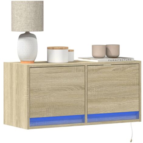 Meuble TV mural avec LED-Banc TV-Meuble Télé chêne sonoma 80x31x35 cm 522740