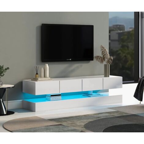 Meuble TV Mural avec LED et Rangement - 2 Armoires, 4 Tiroirs, Design Moderne, MDF, Blanc, 130×33×15 + 130×33×10 cm