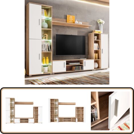 Meuble TV mural avec lumière LED Chêne sonoma et blanc - Meubles Tv - Meuble Tv Mural - Rangement Salon - Unit Tv Murale - Bibliothèque Murale