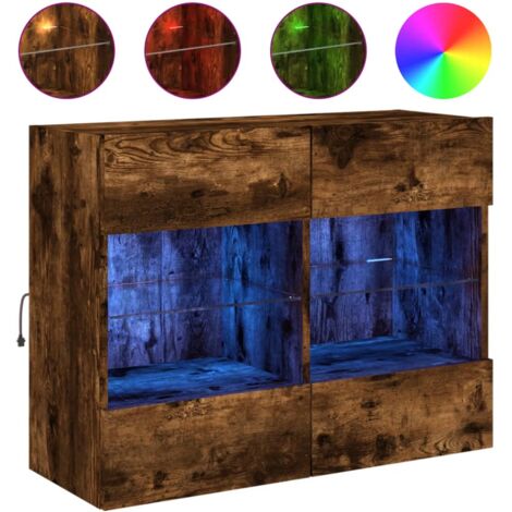 Meuble TV mural avec lumières LED chêne fumé 78,5x30x60,5