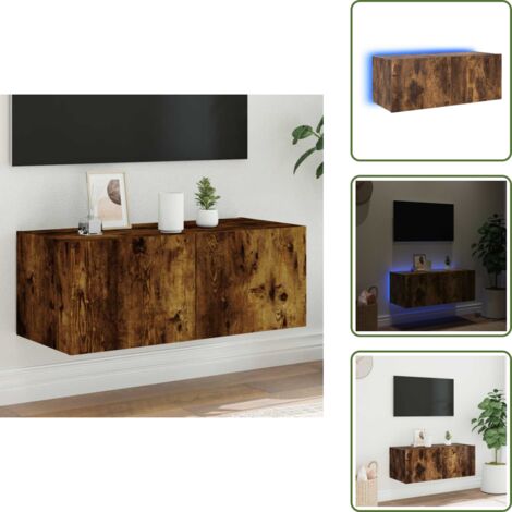 Meuble TV mural avec lumières LED chêne fumé 80x35x31 cm - Meuble Tv Mural - Armoire Tv Murale - Étagère Murale - Éclairage Led Rgb - Rangement Mural