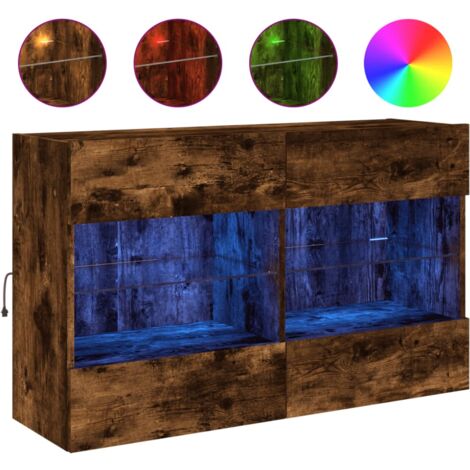 Meuble TV mural avec lumières LED chêne fumé 98,5x30x60,5