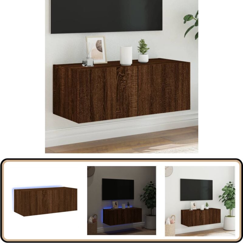 Vidaxl - Meuble tv mural avec lumières led chêne marron 80x35x31 cm - Meuble Tv Mural - Armoire Tv - Étagère Murale - Éclairage Led Rgb - Rangement