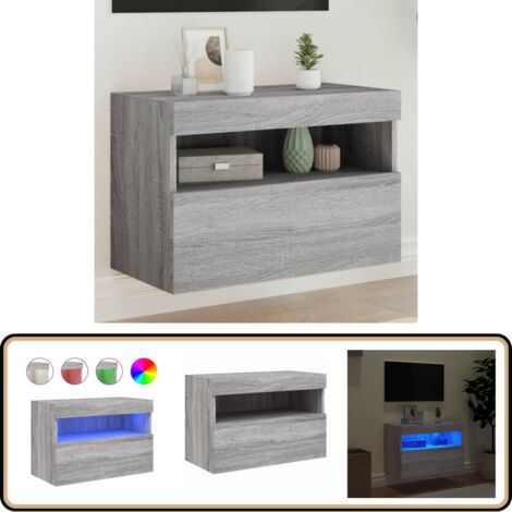Meuble TV mural avec lumières LED sonoma gris 60x30x40 cm - Meuble Tv Mural - Armoire Tv Suspendue - Éclairage Led Rgb - Rangement Mural - Design Moderne