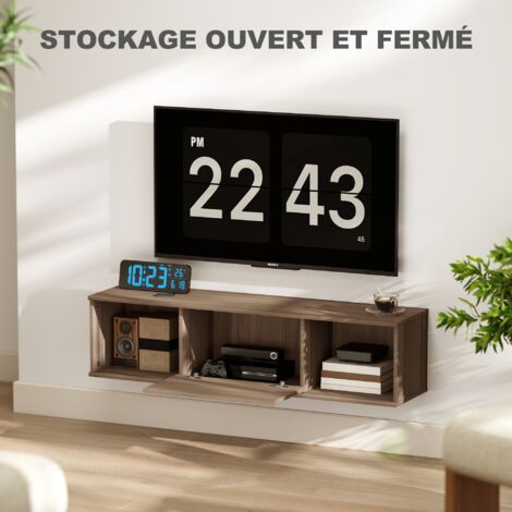 Meuble TV mural avec porte rabattable et 2 compartiments ouverts, 120 × 30 × 29,5 cm, marron
