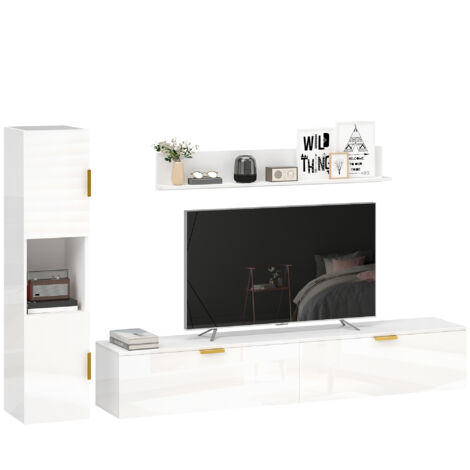 Meuble TV mural avec portes rabattables, support TV flottant, étagère murale 180 cm blanc brillant