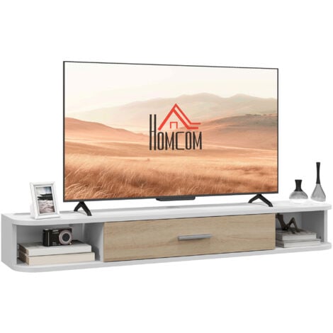 Meuble TV mural banc TV design flottant - 2 niches, porte abattante - dim. 120L x 26l x 16H cm - blanc aspect chêne clair