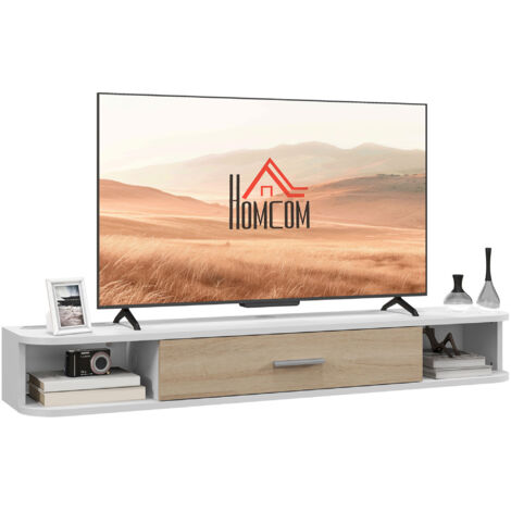 Meuble TV mural banc TV jusqu'à 50 pouces avec compartiments ouverts et armoire à porte rabattable blanc
