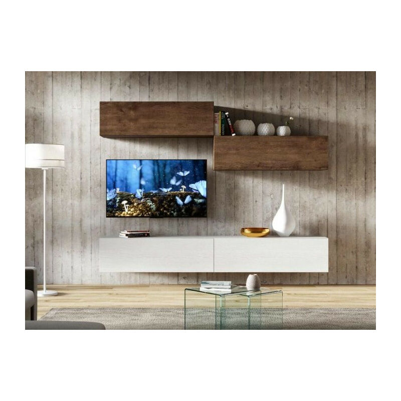 Les Tendances - Meuble TV mural blanc et noyer koza L 268 cm - 4 pièces