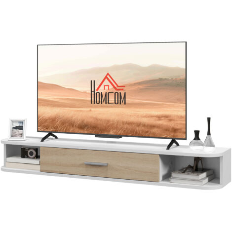 Meuble TV mural blanc pour téléviseur jusqu'à 50 pouces, avec niches ouvertes et placard à porte abattante