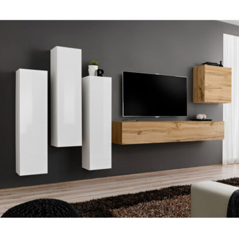 Meuble TV Mural Design "Switch III" 330cm Blanc & Naturel