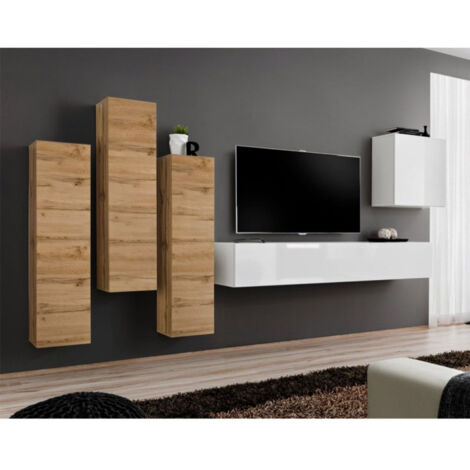 Meuble TV Mural Design "Switch III" 330cm Naturel & Blanc