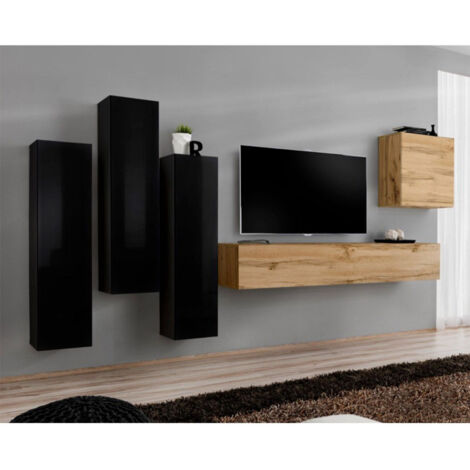 Meuble TV Mural Design "Switch III" 330cm Noir & Naturel