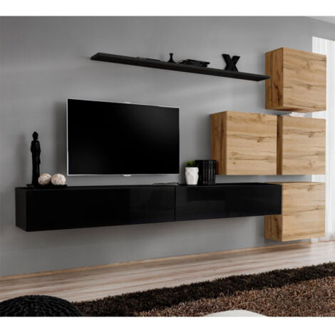Meuble TV Mural Design "Switch IX" 310cm Noir & Naturel