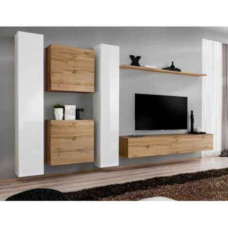 Meuble TV Mural Design "Switch VI" 330cm Blanc & Naturel