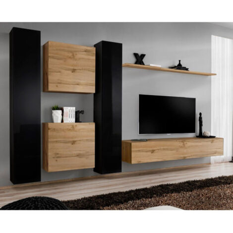 Meuble TV Mural Design "Switch VI" 330cm Noir & Naturel