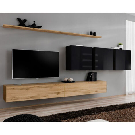 Meuble TV Mural Design "Switch VII" 340cm Naturel & Noir