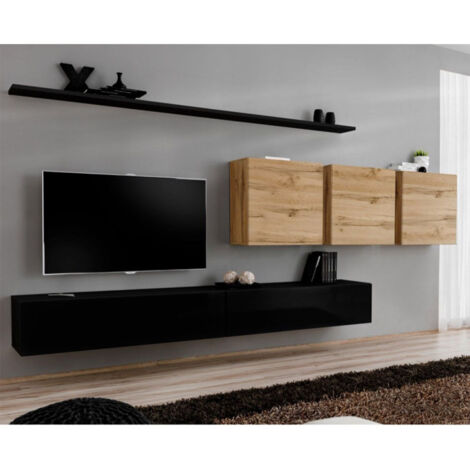 Meuble TV Mural Design "Switch VII" 340cm Noir & Naturel