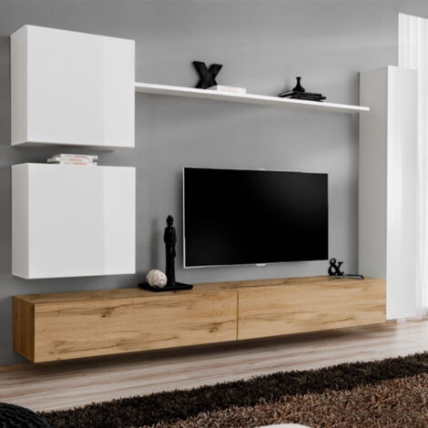 Meuble TV Mural Design "Switch VIII" 280cm Blanc & Naturel