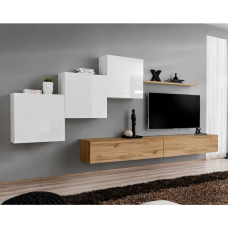 Meuble TV Mural Design "Switch X" 330cm Blanc & Naturel