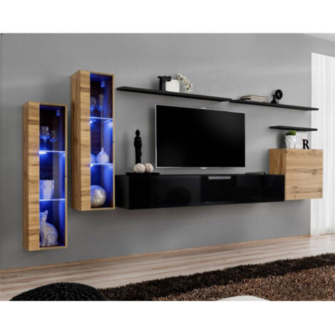 Meuble TV Mural Design "Switch XI" 330cm Naturel & Noir