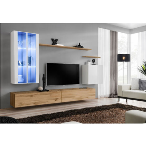 Meuble TV Mural Design "Switch XII" 270cm Blanc & Naturel