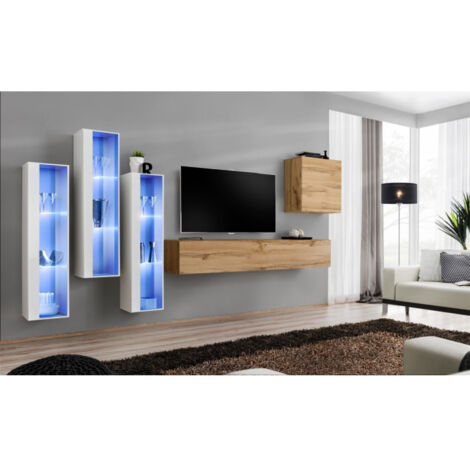 Meuble TV Mural Design "Switch XIII" 330cm Naturel & Blanc