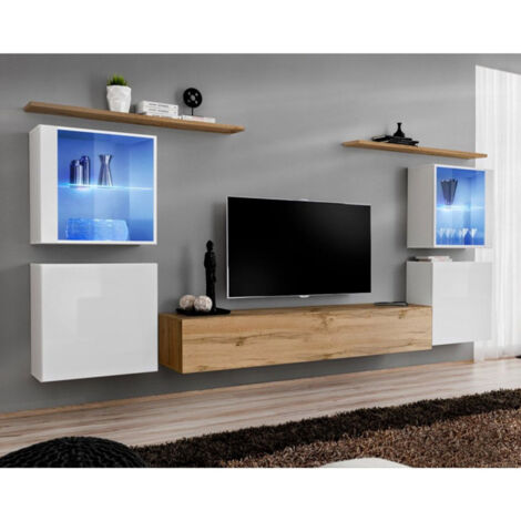 Meuble TV Mural Design "Switch XIV" 320cm Blanc & Naturel
