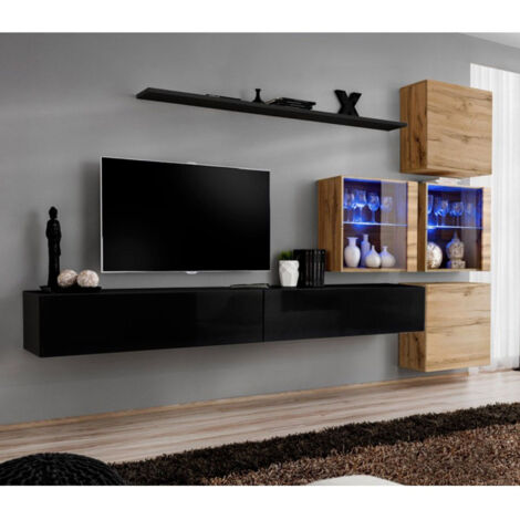 Meuble TV Mural Design "Switch XIX" 310cm Noir & Naturel