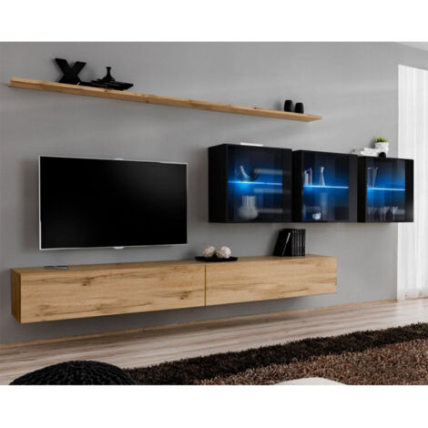 Meuble TV Mural Design "Switch XVII" 340cm Naturel & Noir