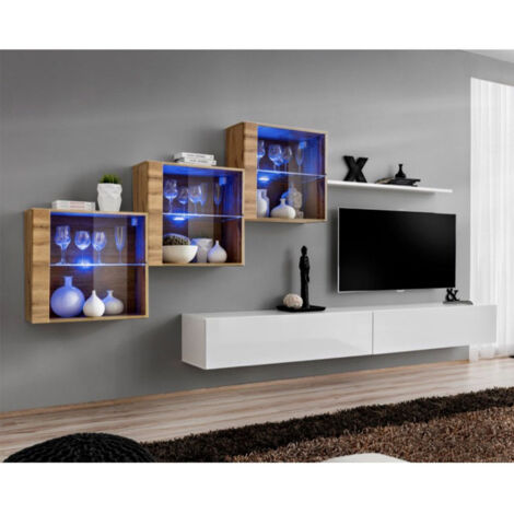 Meuble TV Mural Design "Switch XX" 330cm Blanc & Naturel